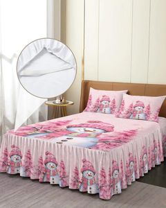 ベッドスカートクリスマス雪だるまピンクの木の弾性装備の枕カバーのマットレスカバー寝具セットシート
