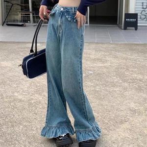 Women's Pants Vintage Chic Loose Blue Denim Women 2024 Spring High Waist Flare Y2k Grunge Ruffles Wide Leg Mujer