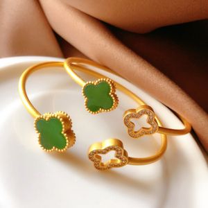 Bracciale rigido di design trifoglio di lusso in oro 18 carati retrò vintage da donna bianco pietra verde aperto elegante fascino bling diamanti braccialetti di cristallo gioielli braccialetti