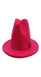 2020 Women Stylish Rosy Wool Feel Jazz Fedora Hats z wstążką szeroką grzbiet Panama Formal Hat Trilby Ladies Fascynator sukienka HATS6102434