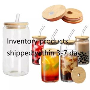 CA US Warehouese 16oz Sublimation Glass Mugs Can Shaped Clear Frosted Tumblers Cups Heat Transfer Tail Iced Coffee Soda Jars 3-7 Days Delivery