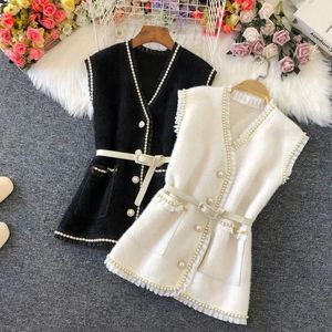 Waistcoats Fashion Spliced Lace Beading Sweater Vest Women Vintage Pearl Button Belted Knit Waistcoat Korean Sleeveless Cropped Vest Jacket