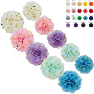 40pcs Gold Stamping Dots Chiffon Flowers Kids Girls Hair Bows Clipes Acessórios de cabelo para sapatos Party Wedding Corsage XFTJ85 240103