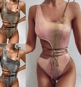 Yılan Baskı Oneepiece Mayo Yeni Hollow Out Oneshoulder Bikini Mayolar Kadınlar için Seksi Plaj Giyim Mayo Kıyafet Monnini73636405160133