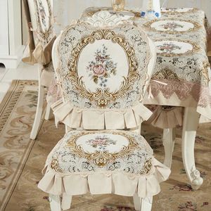 European Luxury Chenille Chair Covers Dining Room Non-slip Jacquard Floral Lace Seat Cushion Chair Backrest Cover Set Beige Blue 240104