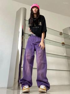 Jeans femininos roxo bolso mãe estilo coreano hip hop cintura alta outono 2024 namorado para mulheres calças jeans y2k legal