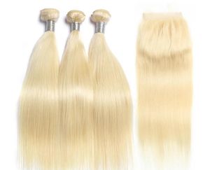 Wefts 613 Honey Blonde Human Hair Прямые бразильские пучки волос с застежкой 4x4
