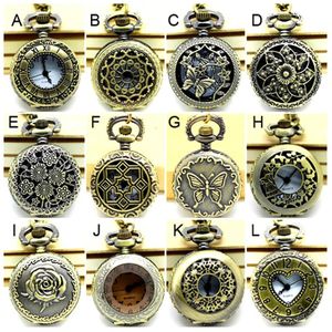 APW005 Großhandel Vintage Bronze Kleine gemischte 12 Designs Taschenuhr Halskette Viktorianischer Stil UhrenanhängerParty Gratisgeschenk 240103