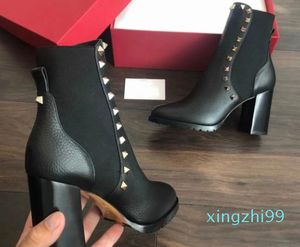 Stud Ankle Boots Women Black Grainy Leather Chunky Sole Martin Booties Lady High Heel Party Dress Red Designer Motorcykel Boot