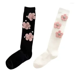 Women Socks Girls Cotton Knee High Japanese 3D Knitted Pink Flower School Student Thin Long 37JB