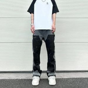 Herrenjeans, europäisch/amerikanisch, Retro, trendig, gespleißt, Street-Style, Bootcut-Hose, Tintenspritzer, für männliche Paare