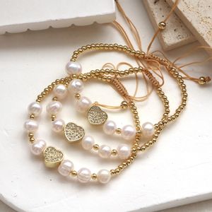 5PCS White Pearl Beads Chain Zircon Heart Bracelets for Women Copper Gold Plated Rope CZ Crystal Jewelry Gifts 240104
