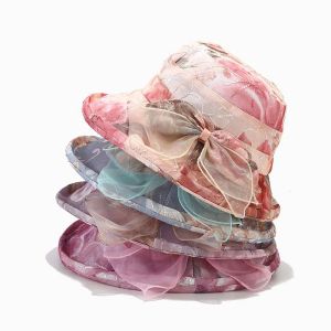 Neue Frauen Sommer Organza Hüte Breiter Krempe Druck Sonnenschirm Eimer Kappen Sonnenschutz Becken Strand Sommer Elegante Sonne Hüte