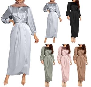 Casual Kleider Frauen Arabisch Muslim Satin Puff Langarm Maxi Kleid Einfarbig Wrap Vorne SelfTie Abaya Dubai Türkei Hijab robe Ka4085322