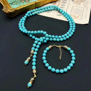 Necklace Earrings Set Qingdao Mid-Ancient Vintage Summer Stone Blue Ocean Sweater Chain Bead Long Tophus