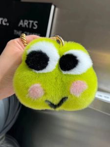 Simpatico rana vera pelliccia di coniglio Rex portachiavi ragazza peluche palla giocattolo gingillo donne auto chiave anello in metallo ciondolo borsa ornamenti di fascino regalo 240103