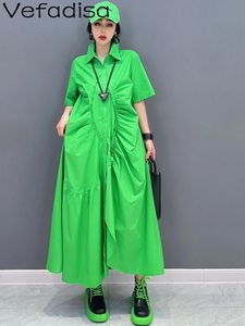 ドレスVefadisa 2023 Spring New Korean Fashion Polo Neck Shird Dress Casual Personalized Women Shirt Skirt Green and Blue Dress Zy298