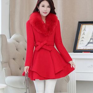 Mieszanki Korea Faux Fur Clar Wool Płaszcze Women Women Winter Blend Woolen z paskiem pojedyncze kurtki spódniczne spódniczne płaszcze 3xl