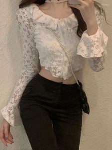Women's Blouses White Lace Shirt Women Autumn Flare Sleeve Square Collar Cardigan Tops Female Korean Fashion Hollow Out Sweet Ruffle