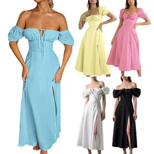 Casual Dresses French Women's Bubble Sleeve Solid Color Open Long Dress