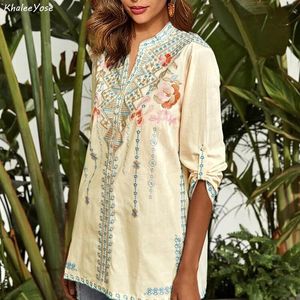 T-shirt KHALEE YOSE Camicette con ricamo floreale vintage Camicia Boho Camicie messicane Autunno manica lunga 2xl 3xl Etnico Hippie Donna Top