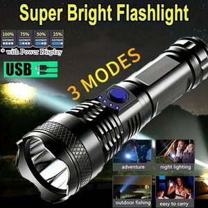 1pc poderosa lanterna led, 3 modos usb recarregável ao ar livre brilhante tático tocha portátil luz à prova dwaterproof água, auto defesa acampamento luz