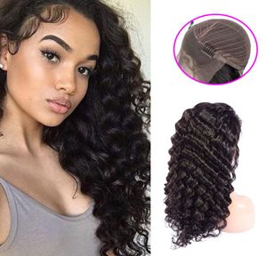 Cabelo virgem malaio 13x4 perucas dianteiras do laço onda profunda 1432 polegada faixa ajustável pré arrancado perucas do laço do cabelo humano encaracolado 7520005