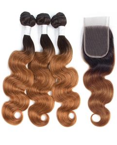 Ombre Brazilian Body Wave Human Hair Bundles With 4X4 Lace Closure 1B30 Blonde Brazilian Human Hair Weave 3 Bundles With Closure 9702901