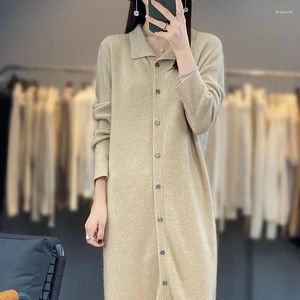 Lässige Kleider Herbst und Winter mittellanges Kleid reine Wolle Strickjacke knielangen langen Rock Frauen Polo-Ausschnitt lose Pullover Mantel