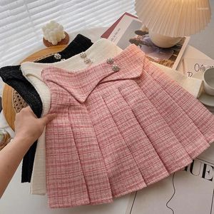 Skirts 2024 Women's High Waist Thick Tweed Skirt Diamond Button Pleated Flower Wool Mini Spring And Autumn P339