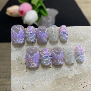 Breve bling viola sirena unghie finte fatte a mano copertura completa indossabile professionale stampa avanzata sulle unghie progettata perla nail art 240104