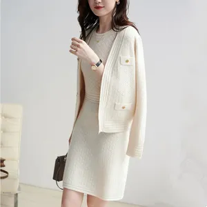 Two Piece Dress Autumn Winter Sleeveless Knitted Solid Color Set And Elegant Metal Button Sweater Cardigan Suit