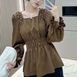 Kvinnors blusar Stylish Shirring Beading Shirt Elegant midja Square Collar Spring Autumn Clothing Commute Basic Solid Color Folds Blus