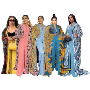 Damenhosen, afrikanische Kleider für Frauen, digital bedruckt, 2-teiliges Set, lockere Fledermausärmel, Chiffon-Robe und einfarbig gestrickte Hosenanzüge mit weitem Bein