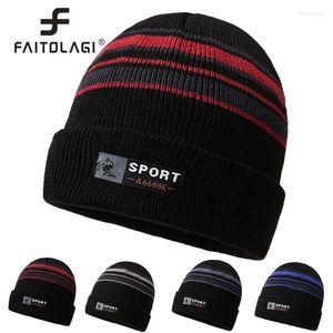 Basker vinter män beanies sammet foder varm manlig stickad hatt mode rand virkning motorhuven tjock plysch utomhus skidskallies cap gorras