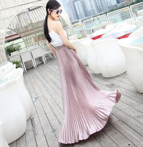 2017 autumn Fashion Vintage Silver Golden metal solid flared Maxi Skirt High Waist Beach Long Pleated Skirts for Women Ladies7833547