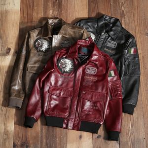 Classic Indian Embroidery Leather Jacket Men Aviation Fight Coat äkta Cowhide Natural Leather Clothing Motorcykel Asiatisk storlek 240103