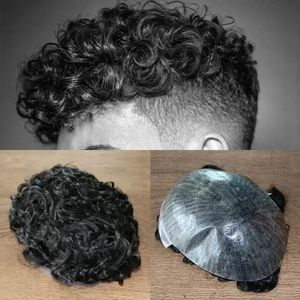 Toupees Durable Off Black #1B Prosthesis Hair Pieces Unit 20MM Curly Men's Wig Human Hair Toupee Thin Skin Pu Male Replacement System