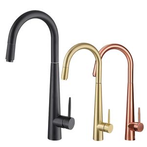 Ouro escovado torneira da cozinha único furo pull out bico pia da cozinha misturadora fluxo pulverizador cabeça rosa ouro preto misturador 240103