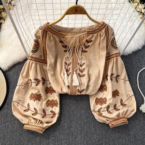 Teelynn boho bluz pamuklu çiçek işlemeli bluzlar püskül uzun fener kılıf gevşek rahat hippi kadınlar üstleri bluz ve gömlek t200321