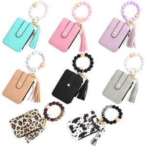 ID Card Bag Keychains Wooden Bead Bracelet Fold Edge Card Bag Silicone Bracelet Leather Wallet Key Chain FEDEX UPS DHL