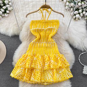 Women's halter neck off shoulder embroidery hollow out slim waist cake layered beach holiday dress SMLXL