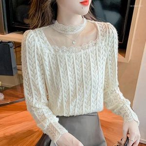 Women's Blouses Sexy Gauze Hollow Out Lace Blouse Female Clothing Casual Half High Collar Basic Spring Autumn Stylish Commute Long Sleeve