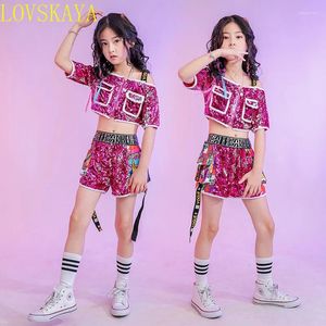 Stage Wear Girls Hip-hop Costume Sequin Rose Shirt Top Shorts Carnival Children's Clothing Jazz Dance Hall