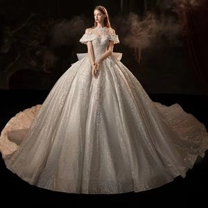 2024 New Ball Gown Wedding Dresses Diamond Crystal Pearls Beaded Scoop Neck Plus Size Shiny Dress Sweep Train Bling Bridal Gowns Vestido De Novia 403