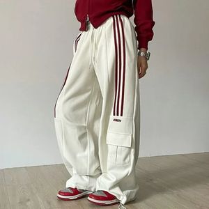 American Retro Lazy Style Wide Leg Pant Solid Stripes Elastic High Waist Drawstring Loose Casual Straight Sports Trousers y240104