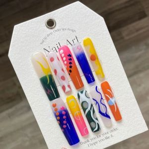 Handmade Long Coffin Fake Nails With Ins Metal Hand Drawn Graffiti Designed Colourful Acrylic Full Cover Nail Tips for Girls 240104