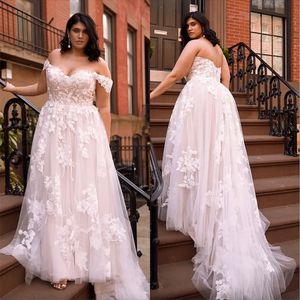 Impressionante plus size vestidos de casamento de renda fora do ombro apliques vestidos de noiva uma linha trem varredura tule robe de mariee