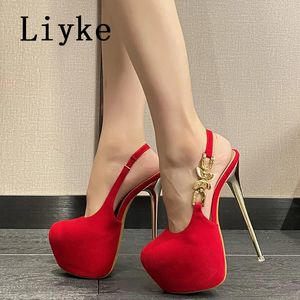 Liyke Fashion Design Metal Butterfly Chain Back Strap Women Platform Pumps Pink Round Toe Ultra High Heels Strip Pole Dance Shoe 240103