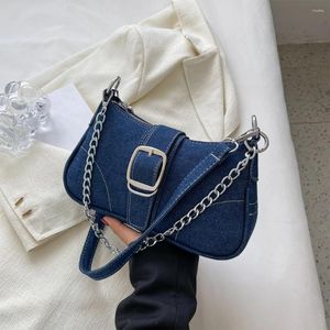 Evening Bags Women Denim Shoulder Bag Buckle Decor Retro Tote Handbag Fashion Chain Purse Casual